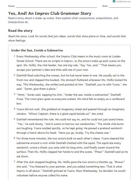 Yes, And! An Improv Club Grammar Story worksheet preview