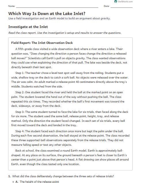 Which Way Is Down at the Lake Inlet? worksheet preview
