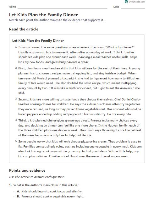Let Kids Plan the Family Dinner worksheet preview