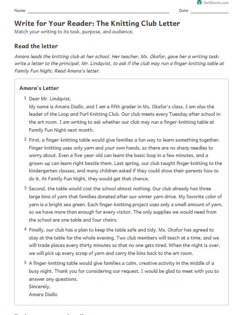 Write for Your Reader: The Knitting Club Letter worksheet preview