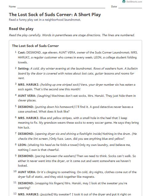 The Lost Sock of Suds Corner: A Short Play worksheet preview