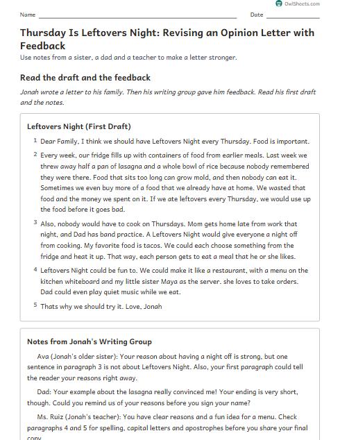 Thursday Is Leftovers Night: Revising an Opinion Letter with Feedback worksheet preview