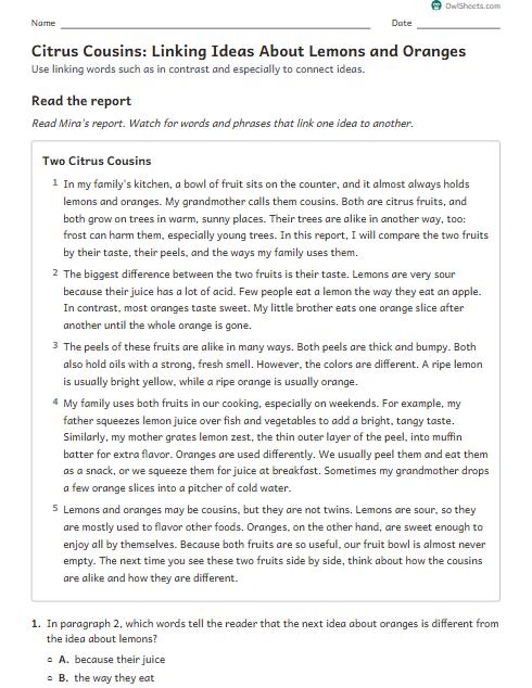 Citrus Cousins: Linking Ideas About Lemons and Oranges worksheet preview