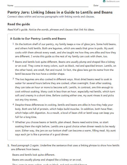 Pantry Jars: Linking Ideas in a Guide to Lentils and Beans worksheet preview