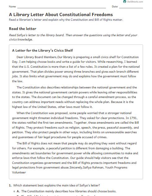 A Library Letter About Constitutional Freedoms worksheet preview