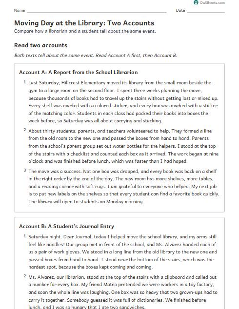 Moving Day at the Library: Two Accounts worksheet preview