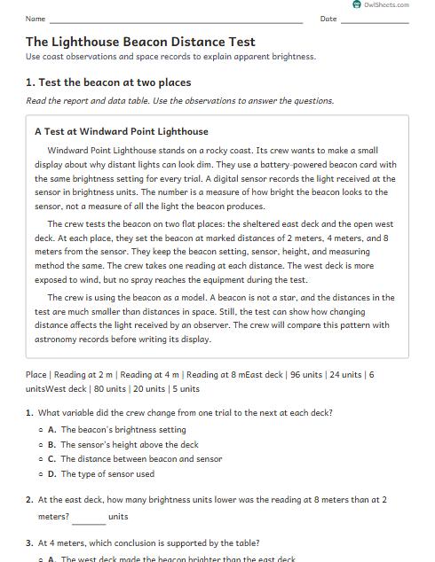 The Lighthouse Beacon Distance Test worksheet preview