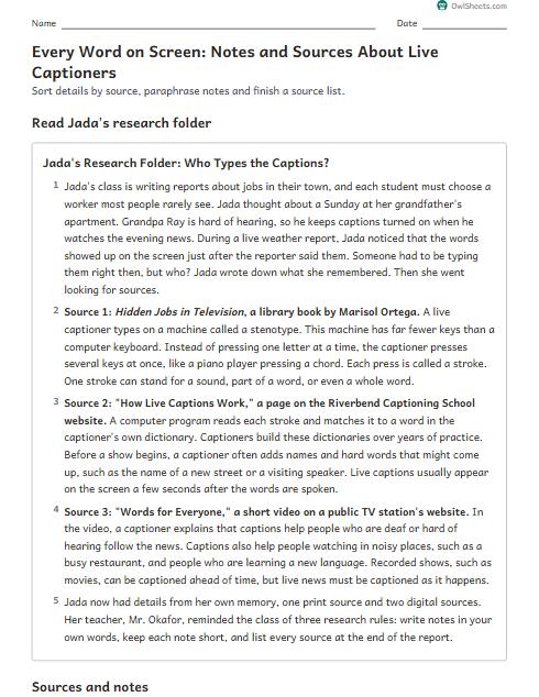 Every Word on Screen: Notes and Sources About Live Captioners worksheet preview