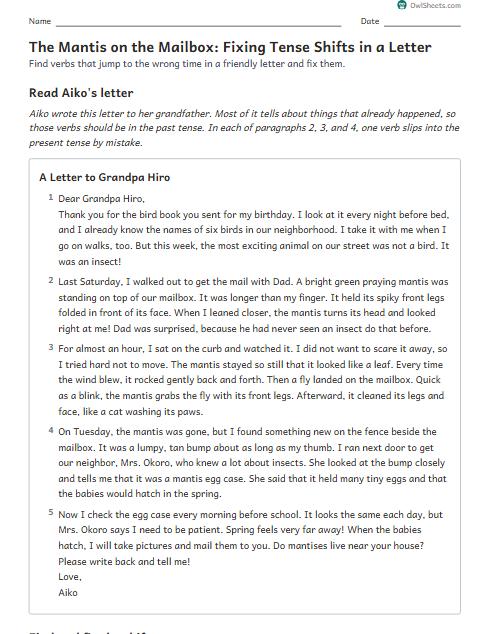 The Mantis on the Mailbox: Fixing Tense Shifts in a Letter worksheet preview