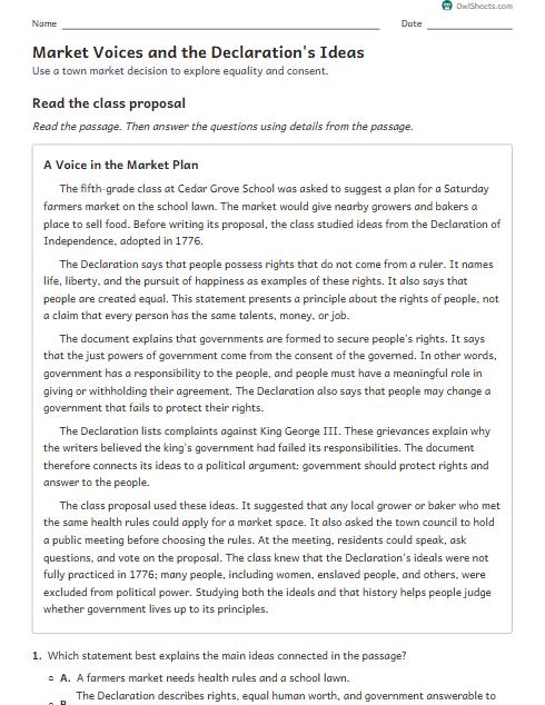Market Voices and the Declaration's Ideas worksheet preview