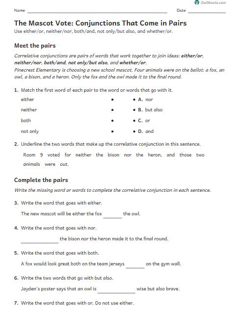 The Mascot Vote: Conjunctions That Come in Pairs worksheet preview