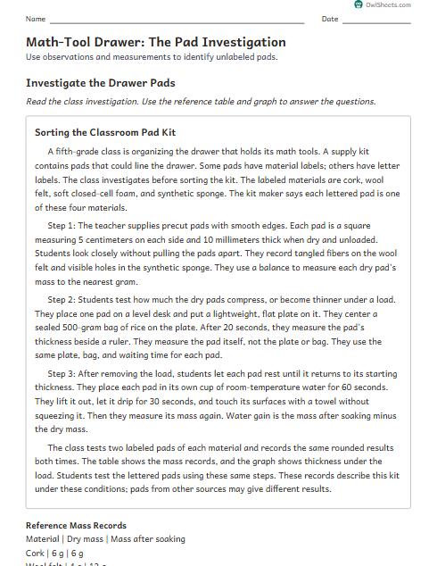 Math-Tool Drawer: The Pad Investigation worksheet preview