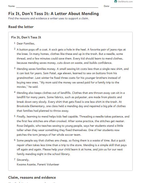 Fix It, Don't Toss It: A Letter About Mending worksheet preview