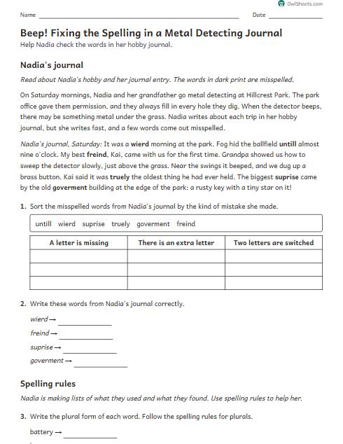 Beep! Fixing the Spelling in a Metal Detecting Journal worksheet preview