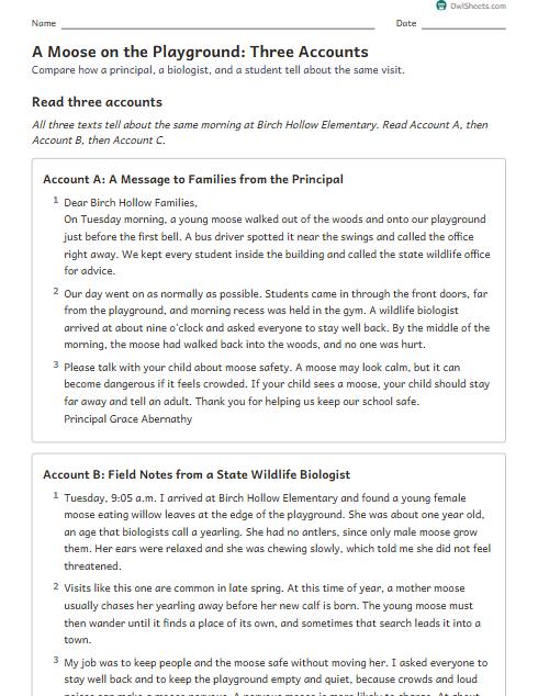 A Moose on the Playground: Three Accounts worksheet preview