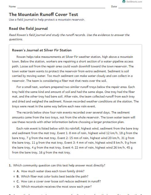 The Mountain Runoff Cover Test worksheet preview