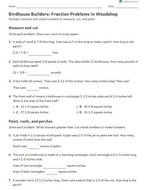 Birdhouse Builders: Fraction Problems in Woodshop worksheet preview