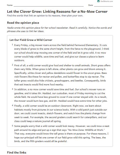 Let the Clover Grow: Linking Reasons for a No-Mow Corner worksheet preview