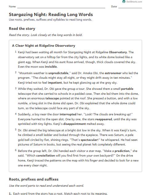 Stargazing Night: Reading Long Words worksheet preview