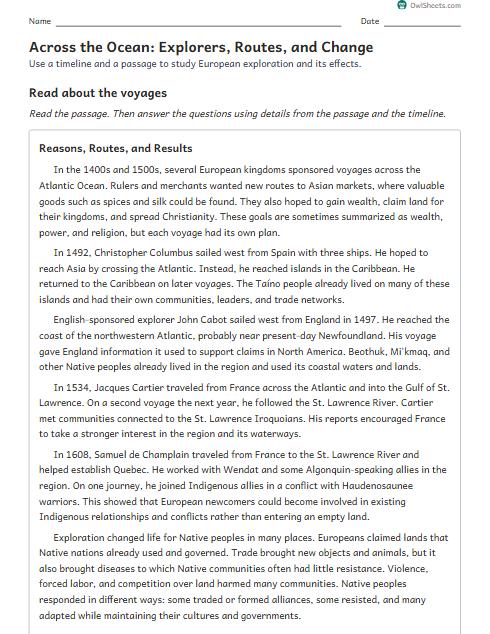 Across the Ocean: Explorers, Routes, and Change worksheet preview