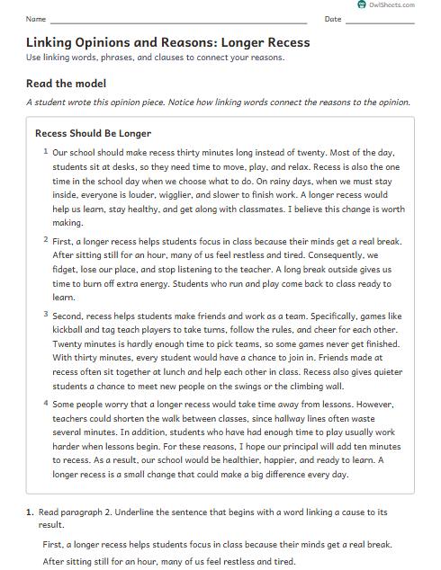 Linking Opinions and Reasons: Longer Recess worksheet preview