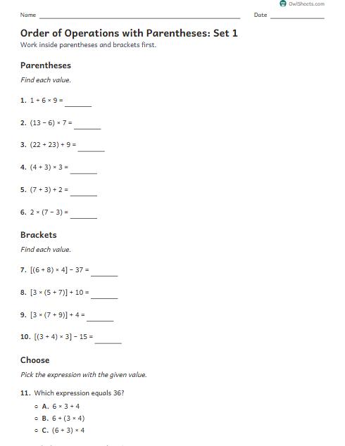 Order of Operations with Parentheses: Set 1 worksheet preview