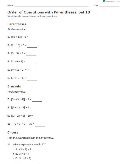 Order of Operations with Parentheses: Set 10 worksheet preview