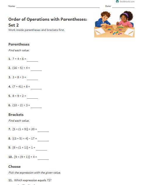 Order of Operations with Parentheses: Set 2 worksheet preview