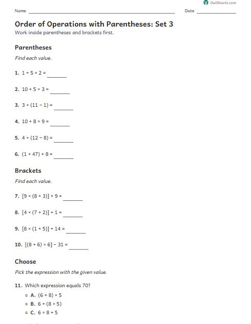 Order of Operations with Parentheses: Set 3 worksheet preview