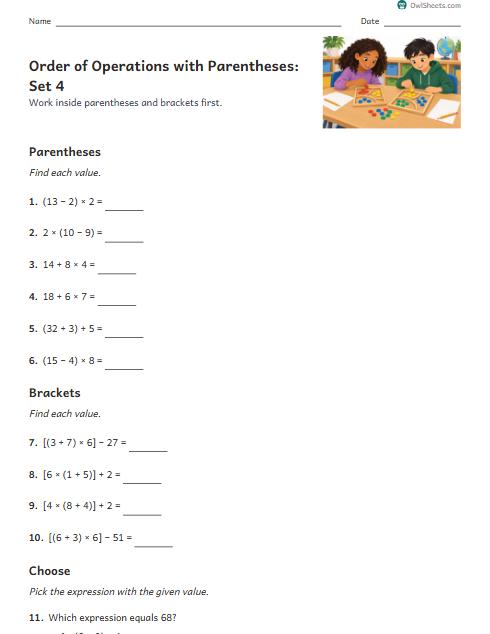 Order of Operations with Parentheses: Set 4 worksheet preview