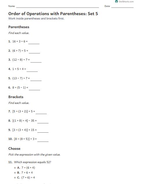 Order of Operations with Parentheses: Set 5 worksheet preview