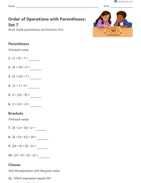 Order of Operations with Parentheses: Set 7 worksheet preview