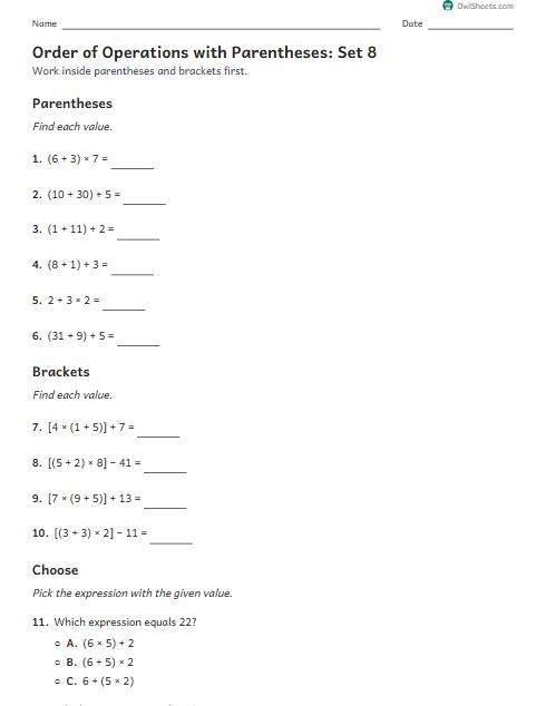 Order of Operations with Parentheses: Set 8 worksheet preview
