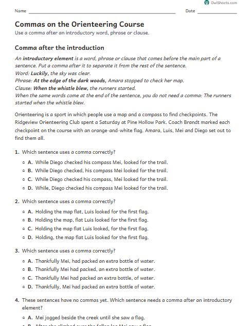 Commas on the Orienteering Course worksheet preview