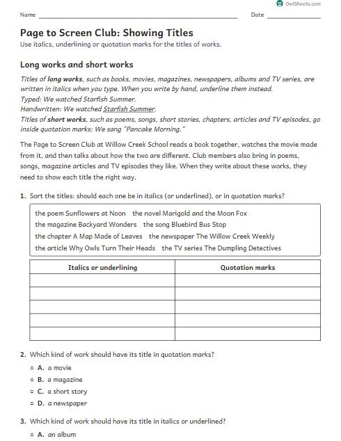 Page to Screen Club: Showing Titles worksheet preview