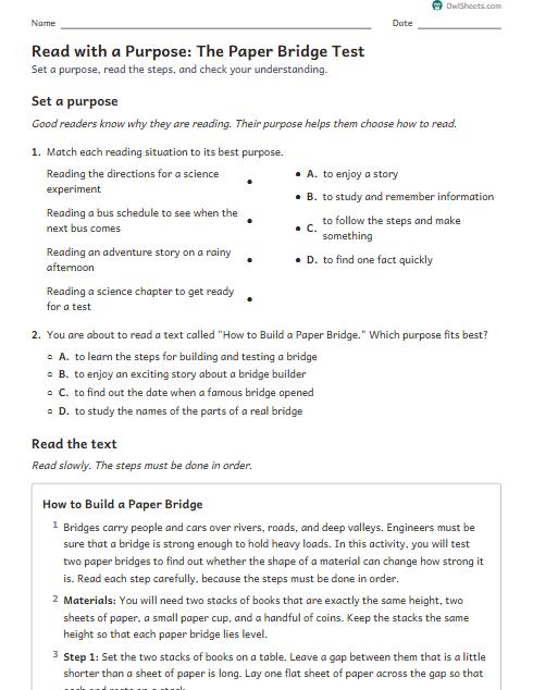 Read with a Purpose: The Paper Bridge Test worksheet preview