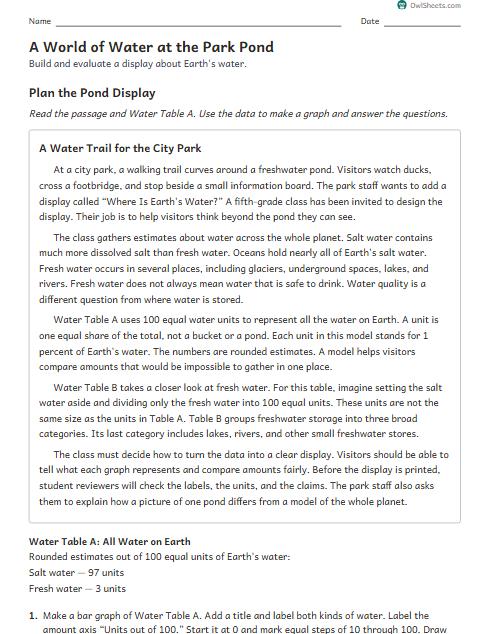 A World of Water at the Park Pond worksheet preview