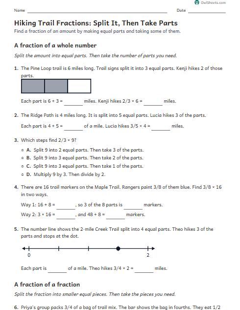 Hiking Trail Fractions: Split It, Then Take Parts worksheet preview