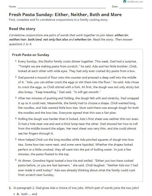 Fresh Pasta Sunday: Either, Neither, Both and More worksheet preview