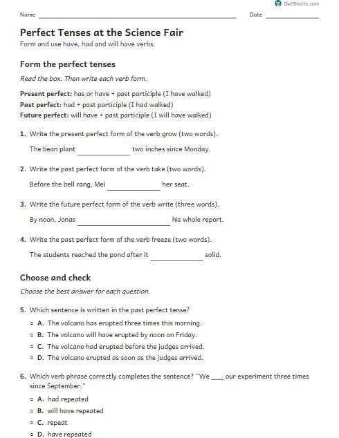 Perfect Tenses at the Science Fair worksheet preview