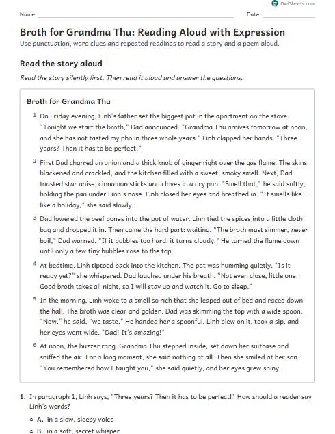 Broth for Grandma Thu: Reading Aloud with Expression worksheet preview