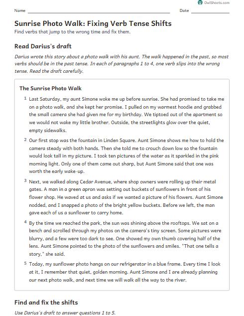 Sunrise Photo Walk: Fixing Verb Tense Shifts worksheet preview