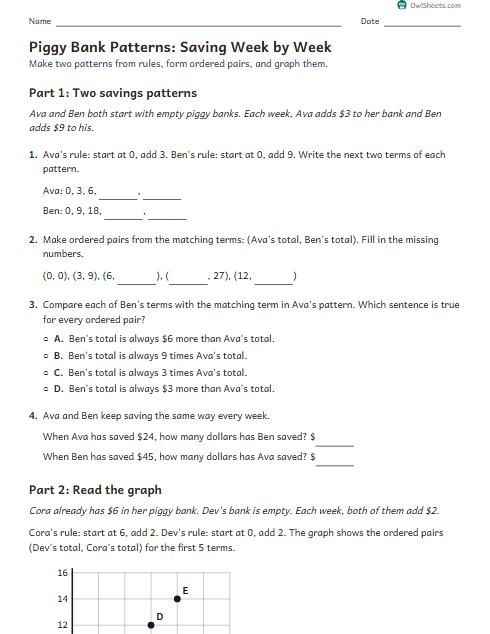 Piggy Bank Patterns: Saving Week by Week worksheet preview