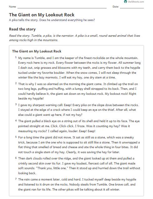 The Giant on My Lookout Rock worksheet preview