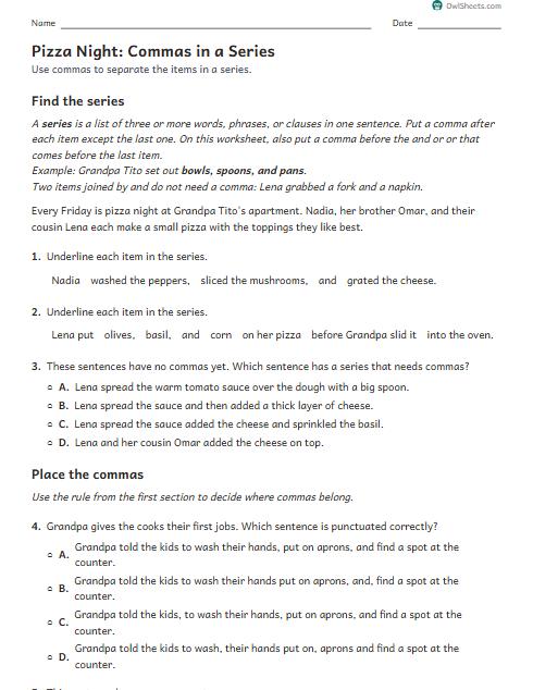 Pizza Night: Commas in a Series worksheet preview