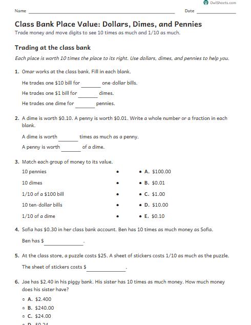 Class Bank Place Value: Dollars, Dimes, and Pennies worksheet preview