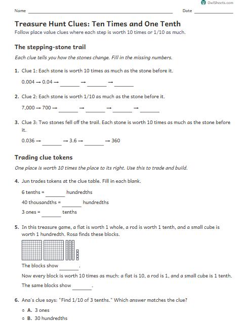 Treasure Hunt Clues: Ten Times and One Tenth worksheet preview
