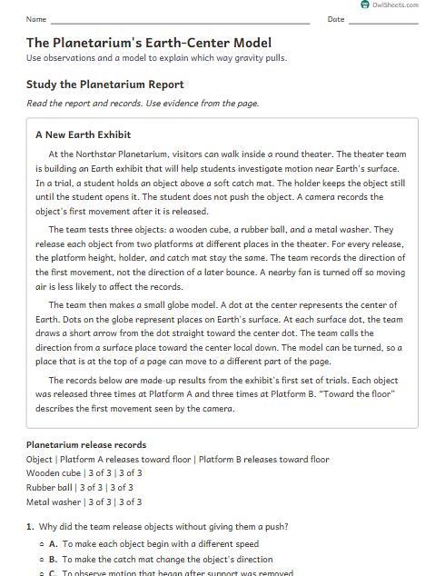 The Planetarium's Earth-Center Model worksheet preview