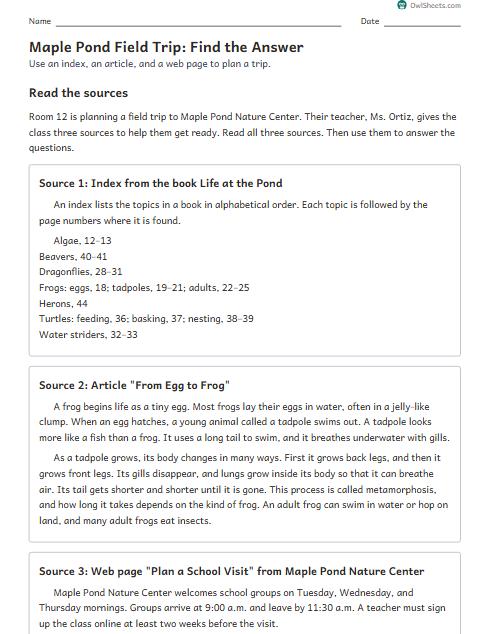 Maple Pond Field Trip: Find the Answer worksheet preview