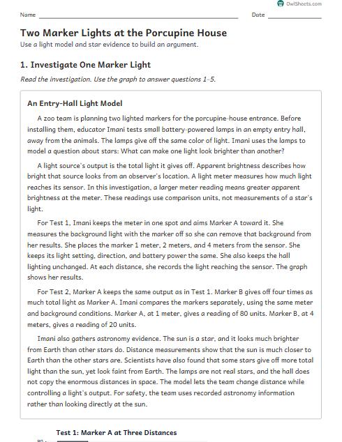 Two Marker Lights at the Porcupine House worksheet preview